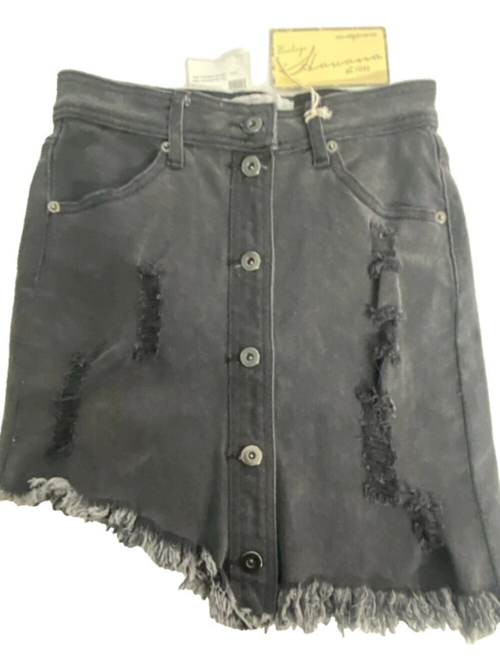 Black Twill Women’s Denim Jean Skirt Size 6 Distressed Frayed Angled Hem NWT
